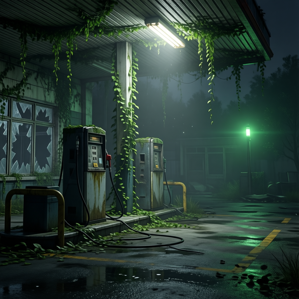 Abandoned overgrown gas station at night